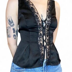 Black Lace Trim Top with Tie back